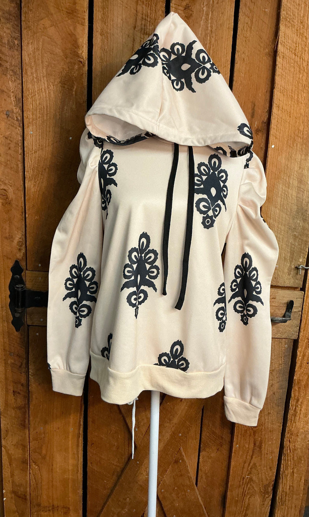 Beige Puff Sleeve Hooded Sweatshirt