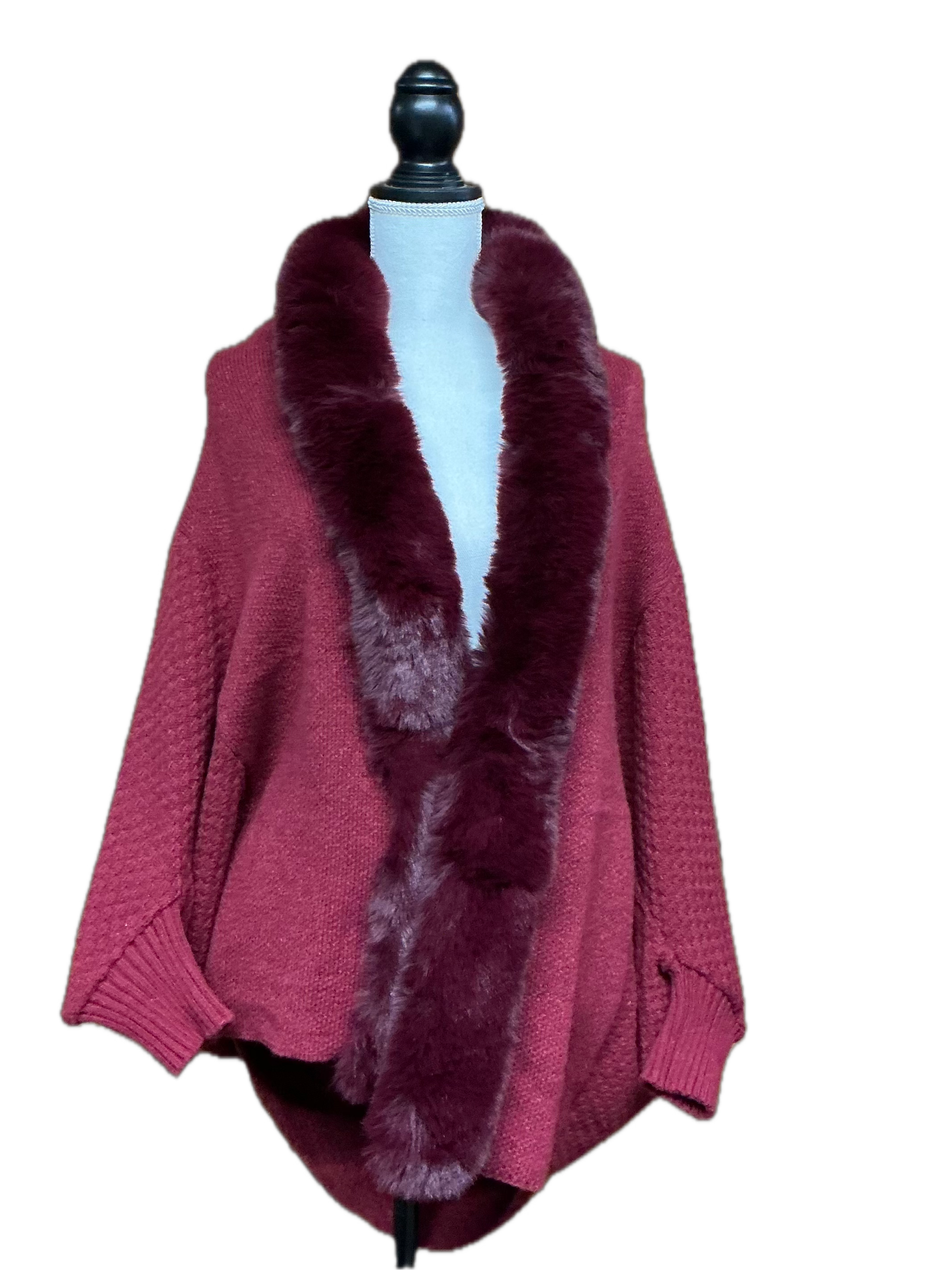 Burgundy Cardigan with Faux Fur