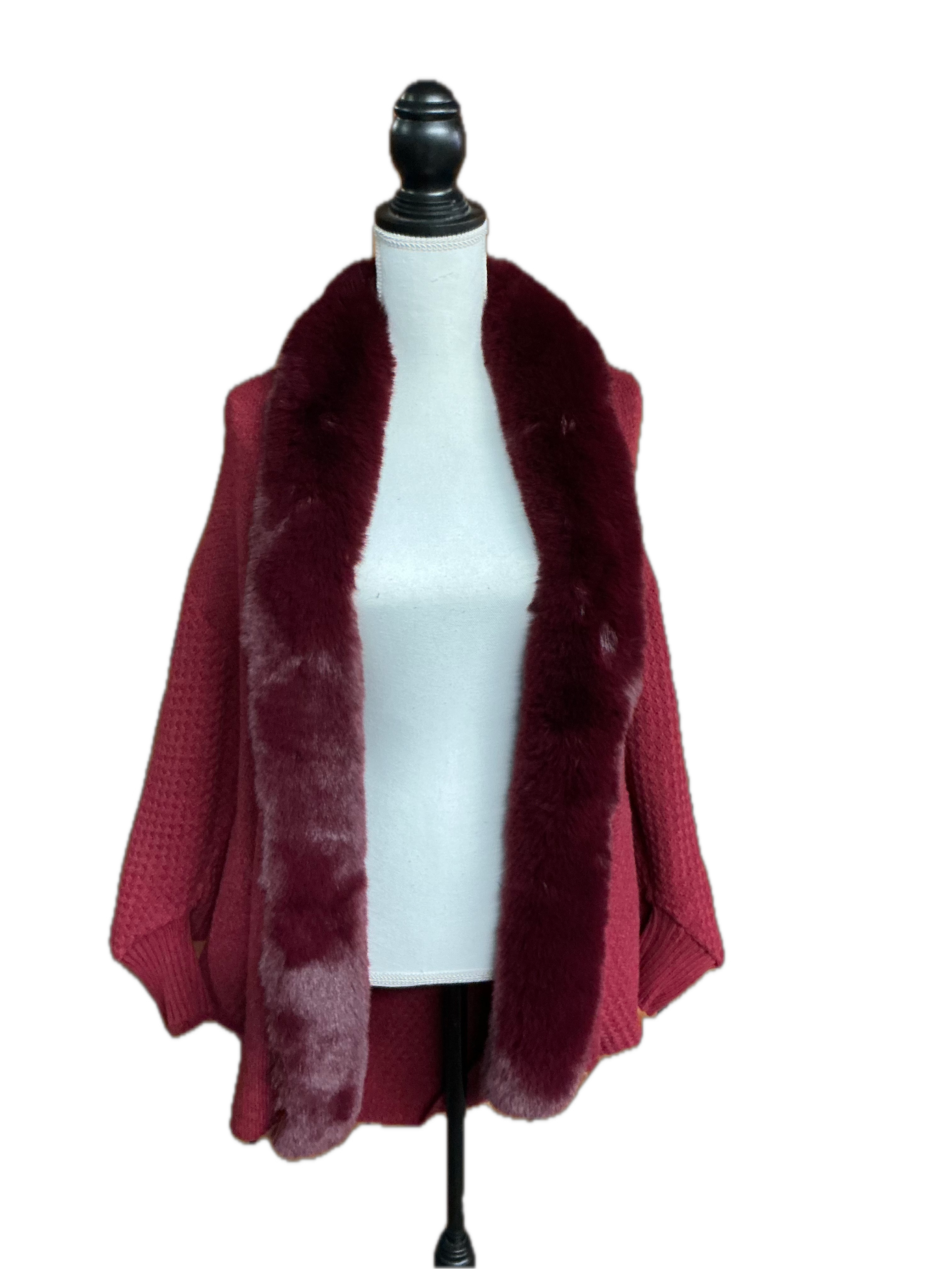 Burgundy Cardigan with Faux Fur