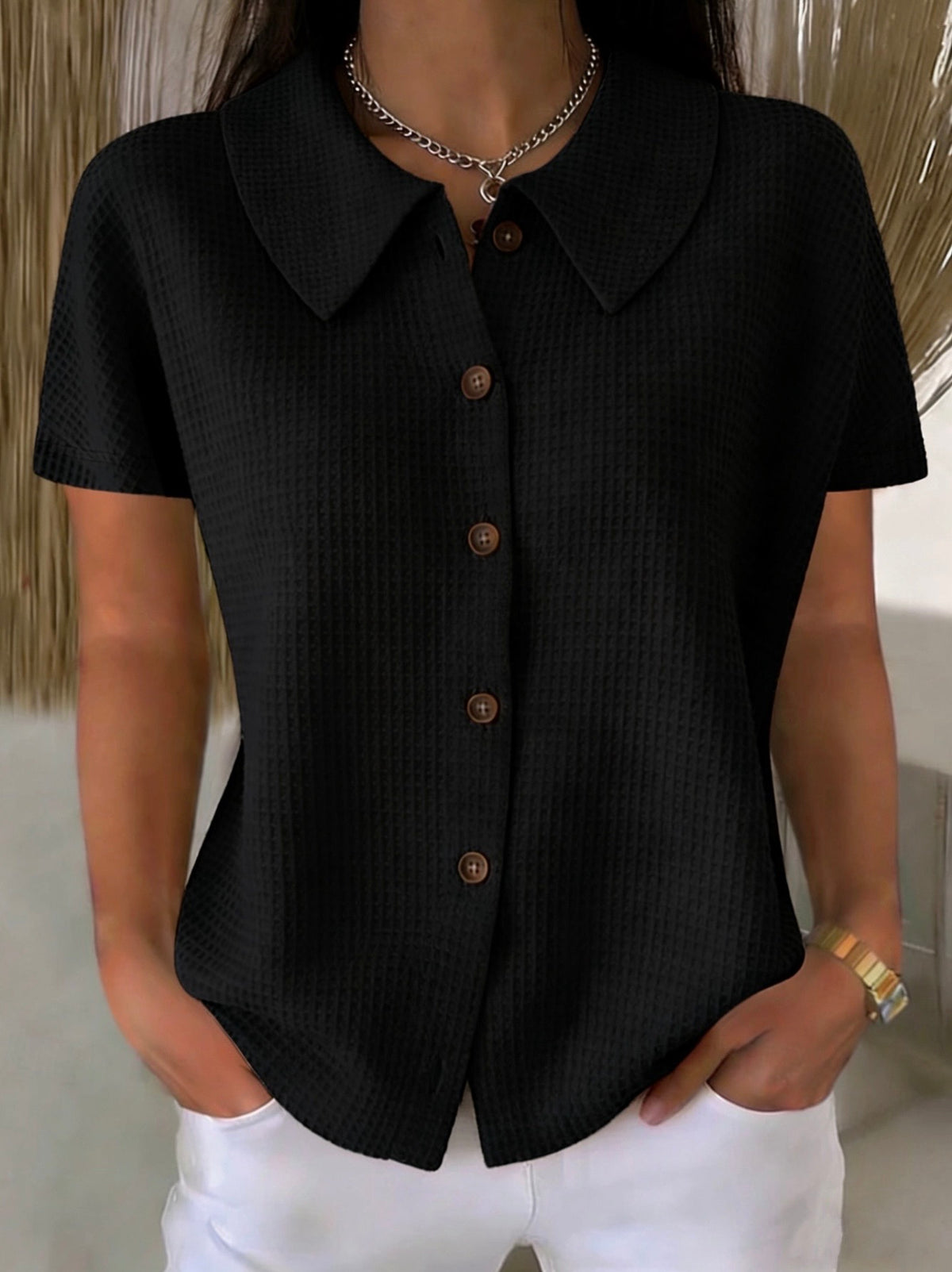 Black Polo Collar Waffle