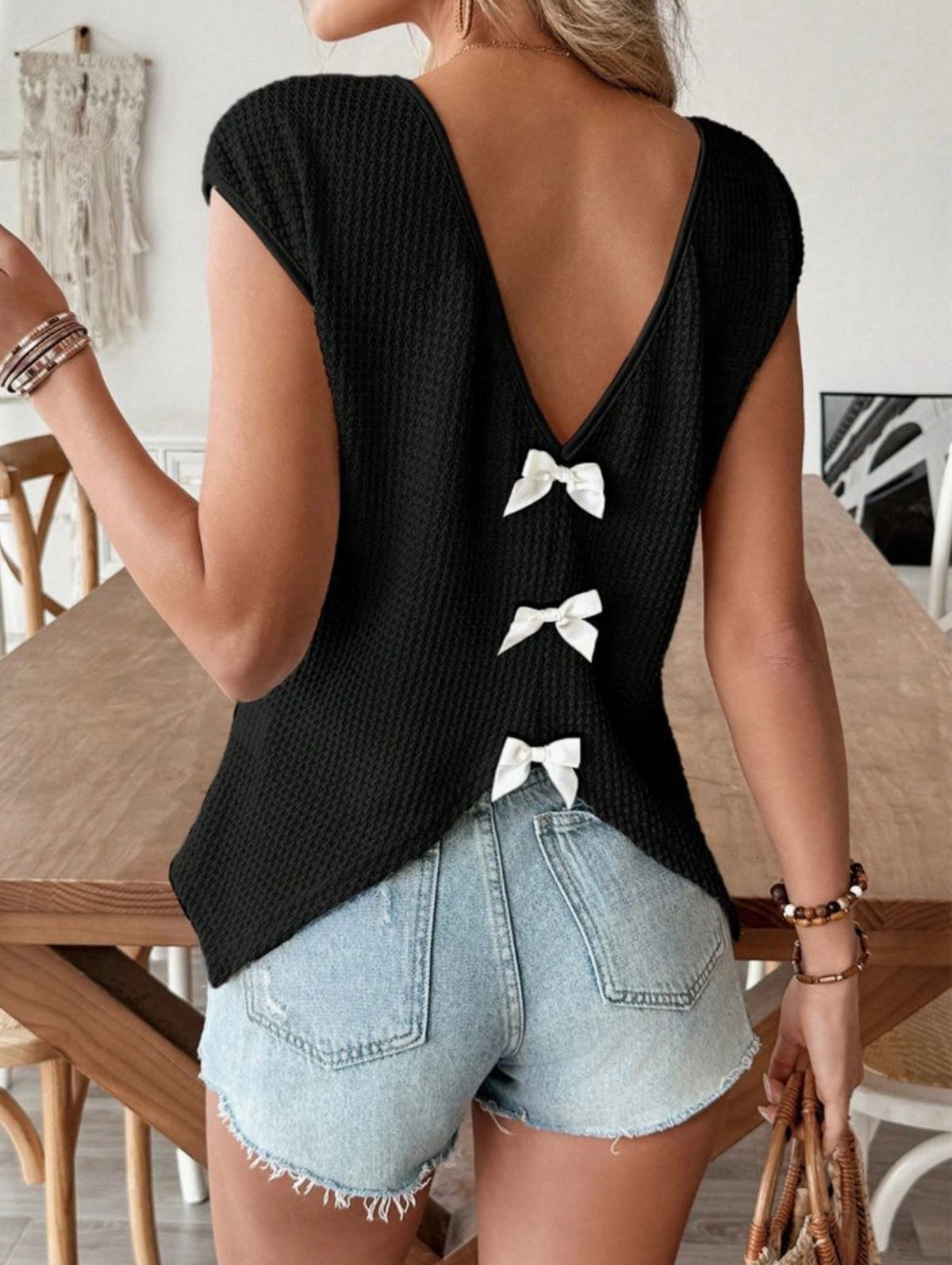 Black Backless Waffle Knit